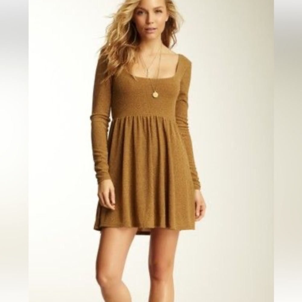Free People Glittery Metallic Gold Long Sleeve Mini Dress
